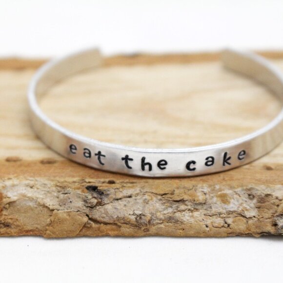 Eat The Cake - Hand Stamped Anodized Aluminum Bangle - Adjustable - Picture 7 of 11